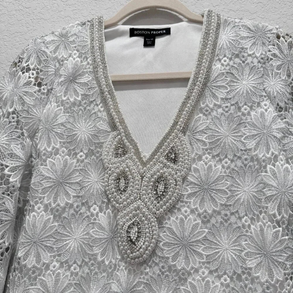 Boston Proper Embellished Metallic Floral Lace Tunic Dress White/Silver Size XS - Picture 6 of 16